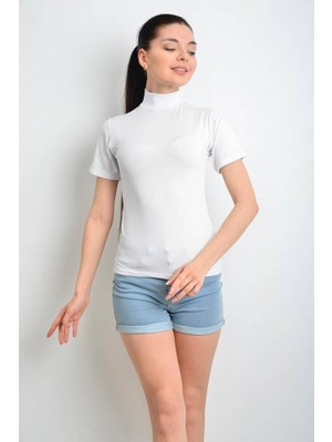 Star Ikinci Ten Kadın Beyaz Kısakol Balıkçı Yaka T-Shirt