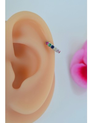 Sacce Scarves & Accessories Gümüş Renkli 8 mm Taşlı Multicolor Çok Renkli Helix Piercing Tragus Kıkırdak Lob