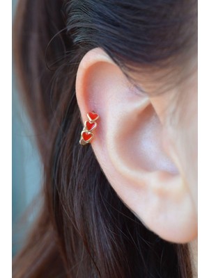 Sacce Scarves & Accessories Sıralı Kırmızı Kalpli Helix Piercing Kıkırdak Küpesi Lob Tek Adet