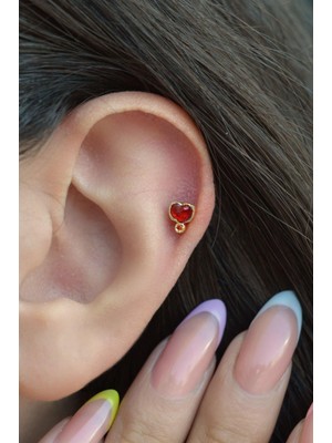 Sacce Scarves & Accessories Gold Mini Kırmızı Kalpli Helix Piercing Kıkırdak Lob