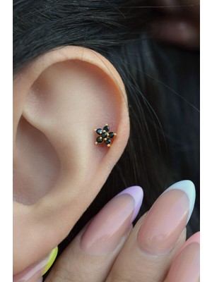 Sacce Scarves & Accessories Çelik Siyah Çiçek Helix Piercing Kıkırdak Lob