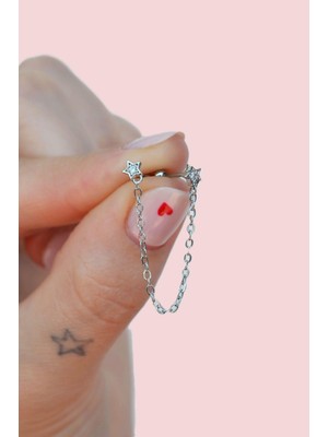 Sacce Scarves & Accessories Gümüş Renkli Taşlı Yıldız Zincir Sallantılı Piercing Helix Kıkırdak Lob
