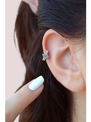 Sacce Scarves & Accessories Gümüş Renk Zirkon Taşlı Küçük Göz Halka Helix Piercing Kıkırdak Lob Küpesi Tek Adet