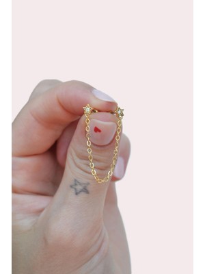 Sacce Scarves & Accessories Gold Renkli Taşlı Yıldız Zincir Sallantılı Piercing Helix Kıkırdak Lob