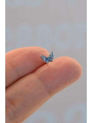 Sacce Scarves & Accessories Gümüş Renk Çelik Koyu Mavi Kelebek Helix Piercing Kıkırdak Lob