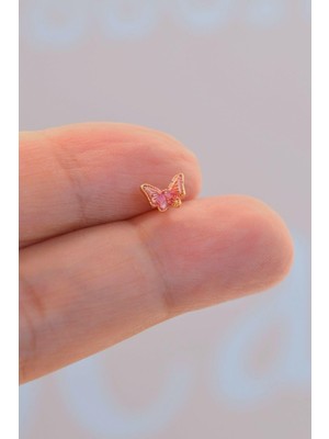 Sacce Scarves & Accessories Gold Çelik Pembe Kelebek Helix Piercing Kıkırdak Lob