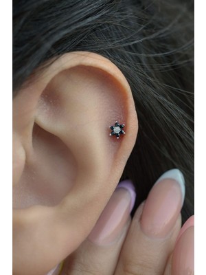 Sacce Scarves & Accessories Gümüş Renkli Siyah Çiçekli Helix Piercing Kıkırdak Lob