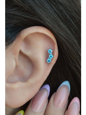 Sacce Scarves & Accessories Gümüş Renkli Çelik Turquaz Mavi Yıldızlı Helix Piercing Kıkırdak Lob