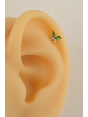Sacce Scarves & Accessories Yeşil Taşlı Kelebek Piercing Helix Kıkırdak Lob Gold Renkli