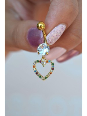 Sacce Scarves & Accessories Multicolor Çok Renkli Kalp Sallantılı Çelik Göbek Piercingi Gold Renk