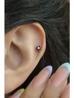 Sacce Scarves & Accessories Gold Çelik Siyah Çiçekli Helix Piercing Kıkırdak Lob