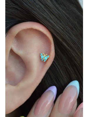 Sacce Scarves & Accessories Gold Renkli Mavi Kelebekli Helix Piercing Kıkırdak Lob