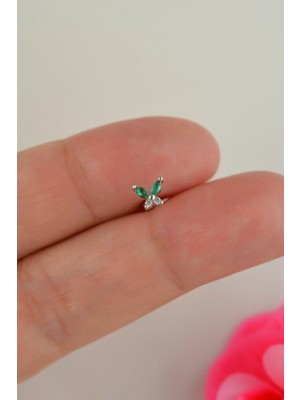 Sacce Scarves & Accessories Yeşil Taşlı Kelebek Piercing Helix Kıkırdak Lob Gümüş Renkli