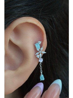 Sacce Scarves & Accessories Sacce Scarves&Accessories Silver Çelik Su Yeşili Taş Sallantılı Helix Piercing Kıkırdak Lob