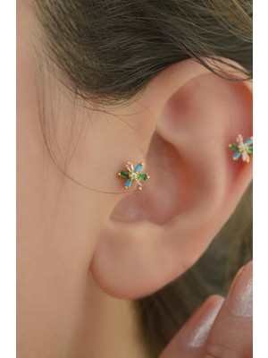 Sacce Scarves & Accessories Renkli Çiçek Tragus Piercing Helix Kıkırdak Gold Çelik