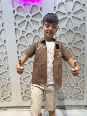 Kahverengi Gömlek Kısa Kollu Tişört ve Krem Şort 3'lü Alt Üst Erkek Çocuk Takım