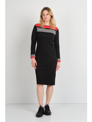 Sistas Kadın Kazayağı Desenli Bisiklet Yaka Uzun Kol Elbise 22974 Siyah