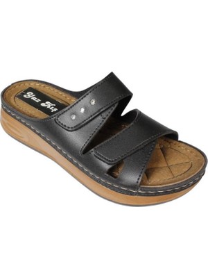 Yazkış Kadın Siyah Krem Çift Çırt Bantlı Kalın Taban Comfort Taban Terlik