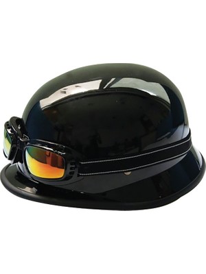 Motosiklet ve Bisiklet Yarım Kask Retro Gözlüklü Chopper Cruiser Kaskı Parlak Siyah