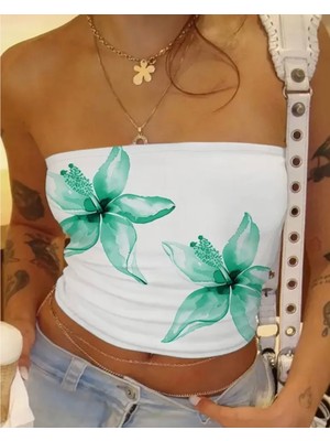 Amor Face Özel Tasarım Yaz Çiçeği Baskılı Esnek Straplez Sexy Kadın/kız  Beyaz Crop T-Shırt