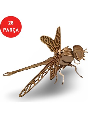 28 Parça Ahşap Yusufçuk Maketi - Ahşap Yusufçuk Figürü - 3D Dragonfly Ahşap Figür