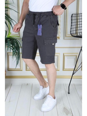 Erkek Füme Likralı Gabardin Şort Kargo Cepli Pamuklu Beli Lastikli Bağcıklı Basic Şort