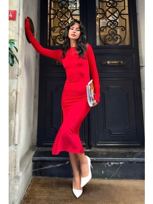 Kadın Kırmızı Uzun Kollu Yırtmaç Detaylı Tül Kollu Midi Elbise - Şık ve Zarif Akşam Elbisesi