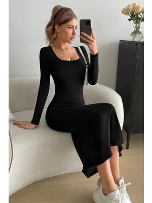 Siyah Kare Yaka Uzun Kollu Esnek Uzun Elbise