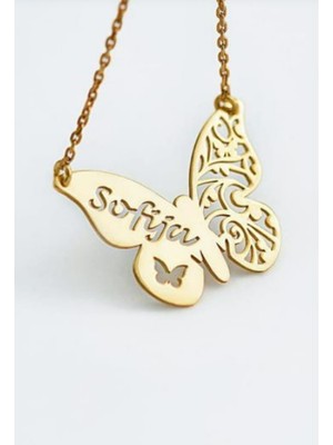 Kelebek Isim Yazılı 14 Ayar Altın Kolye