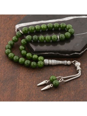 Doğal Taşlı Yeşil Yeşim Taşlı Gümüş Tesbih