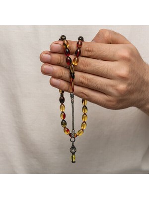 Sıkma Kehribar Kazaz Püsküllü 1000 Ayar Gümüş Tesbih