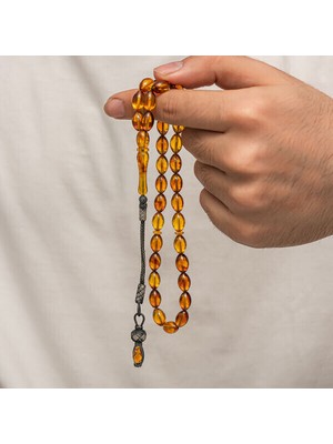 Sıkma Kehribar Kazaz Püsküllü 1000 Ayar Gümüş Tesbih