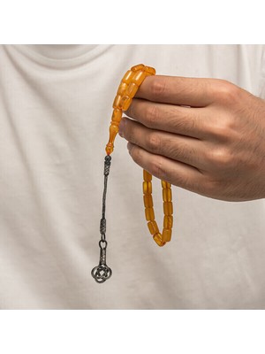 Sıkma Kehribar Kazaz Püsküllü 1000 Ayar Gümüş Tesbih