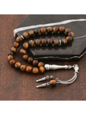 Doğal Taşlı Kaplan Gözü Taşlı Gümüş Tesbih