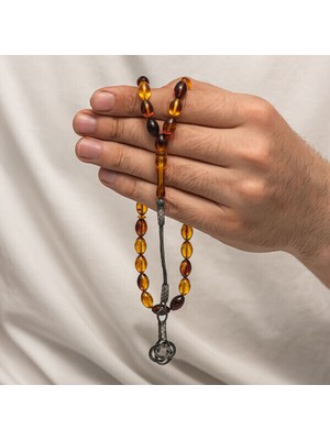 Sıkma Kehribar Kazaz Püsküllü 1000 Ayar Gümüş Tesbih