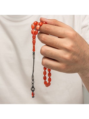 Sıkma Kehribar Kazaz Püsküllü 1000 Ayar Gümüş Tesbih