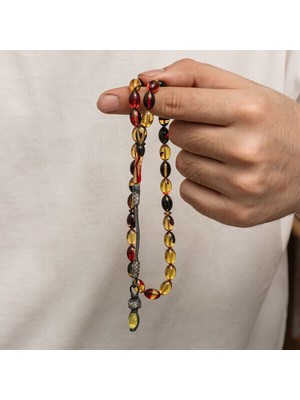 Sıkma Kehribar Kazaz Püsküllü 1000 Ayar Gümüş Tesbih