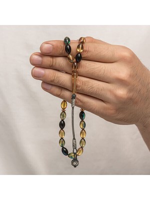 Sıkma Kehribar Kazaz Püsküllü 1000 Ayar Gümüş Tesbih