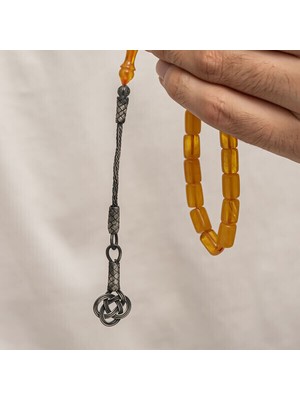 Sıkma Kehribar Kazaz Püsküllü 1000 Ayar Gümüş Tesbih