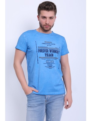 Unisex Bisiklet Yaka Baskılı Yıkamalı T-Shirt