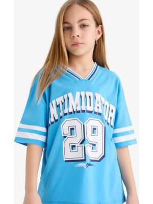 DeFacto Oversize Geniş Kalıp V Yaka Baskılı Kısa Kollu Tişört Kız Çocuk E1895A825SM