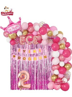 Bkmc Party 3 Harfli Rose Isimli Pembe Beyaz Konseptli Kraliçe Taçlı Doğum Günü Balon Zincir Parti Seti Süsü