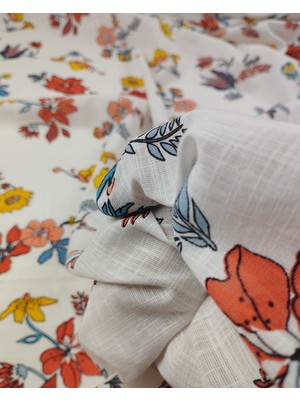 Beyaz Üzeri Çiçek Desenli Pamuk Keten (En  150 cm x Boy  300 Cm)