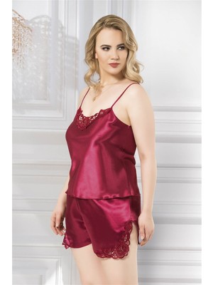 Büyük Beden Bordo Saten Babydoll Şort Takımı