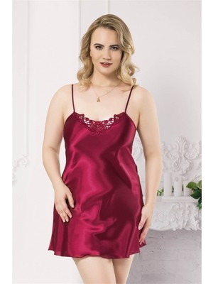 Büyük Beden Bordo Kısa Saten Gecelik