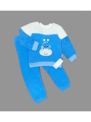 1-2-3 Yaş Ponponlu Zürafa Desenli Kuzu Kumaş Uzun Kollu 2li Kız Erkek Çocuk Takımı Saks Mavisi