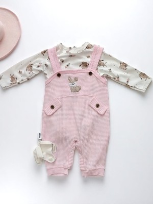 Milays Tavşan Nakışlı Bebek Tulum Çorap Hediyeli %100 Pamuktan