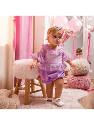 Kız Bebek Lila Dantel Detaylı Volanlı Bluz Şort Takım