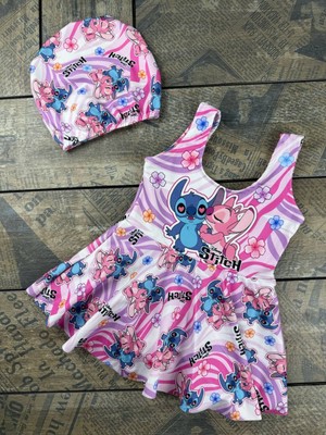 Stitch Kız Çocuk Volanlı Mayo ve Bone Havuz Deniz Takımı