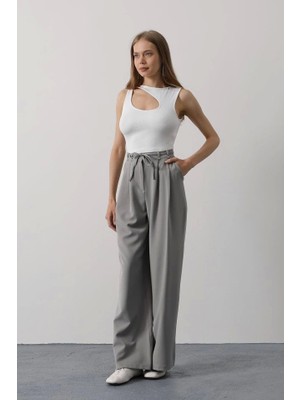 Pileli Bağcıklı Oversize Pantolon - Gri